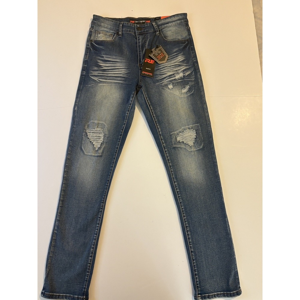 NEW - Riot Empire Slim Jeans 30x30 Skull Graphic Pockets Blue Wash / Distressed